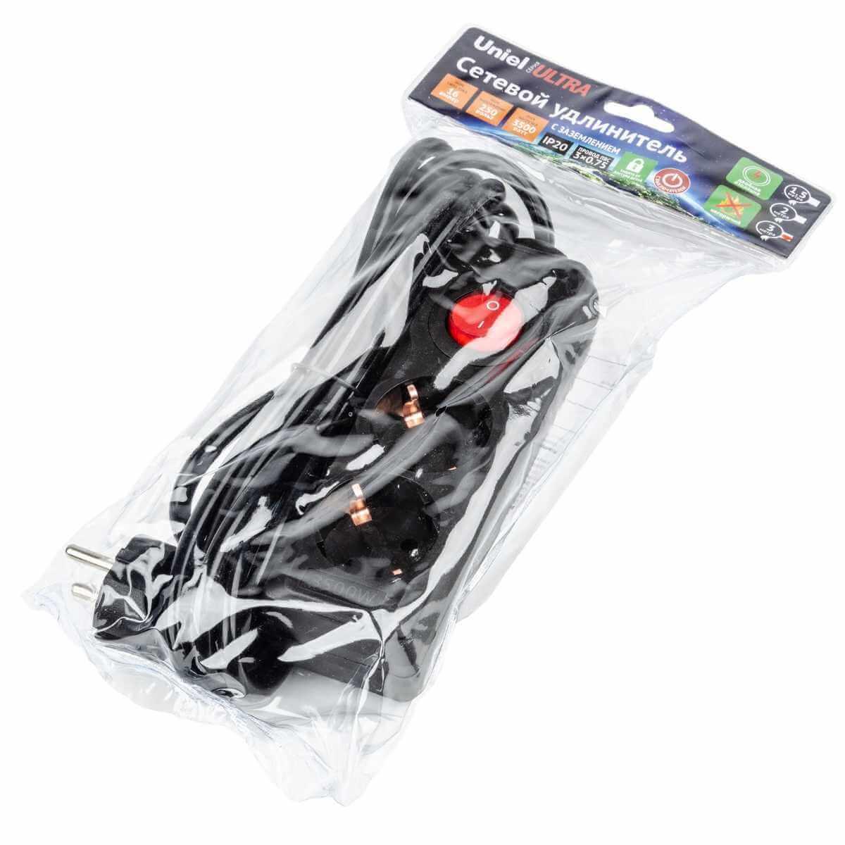 фото удлинитель uniel 2гн х 3м с/з s-gcu2-3b black ul-00010011 | 220svet.ru