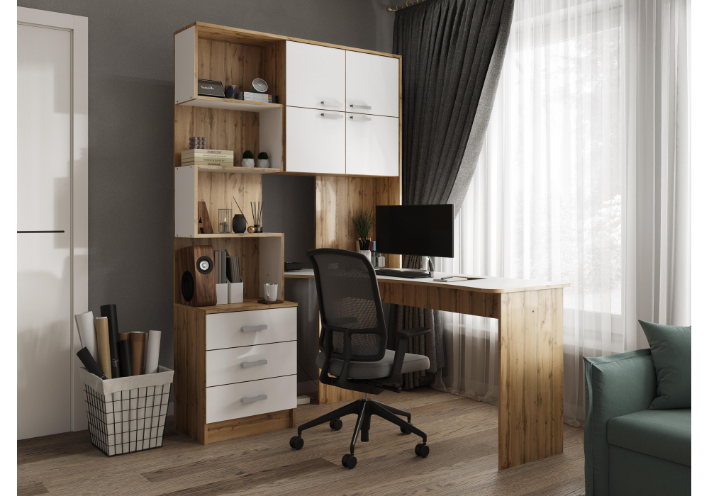 фото компьютерный стол woodville ганор правый дуб вотан / белый 602812 | 220svet.ru